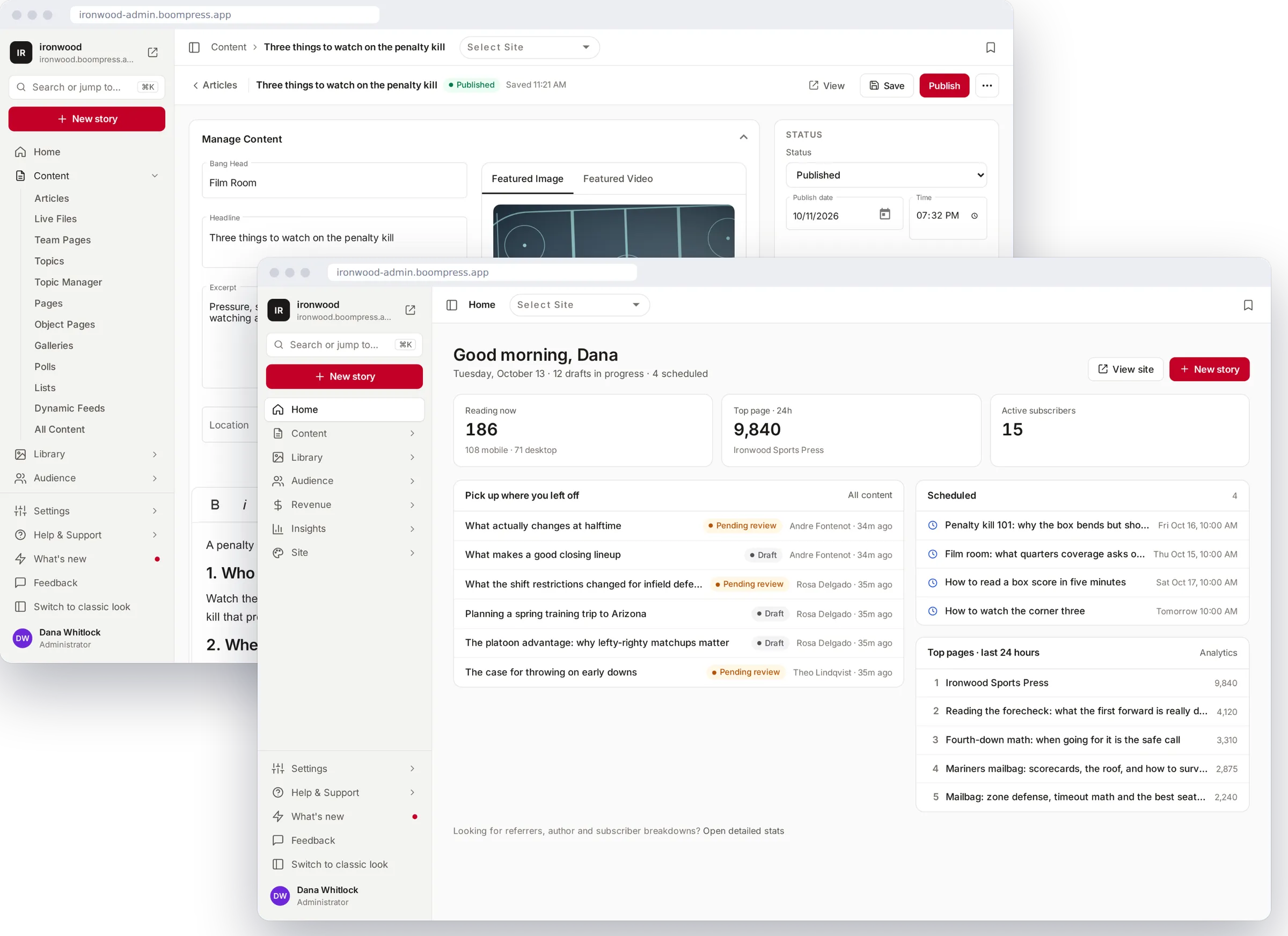 The BoomPress CMS: the home dashboard and the story editor
