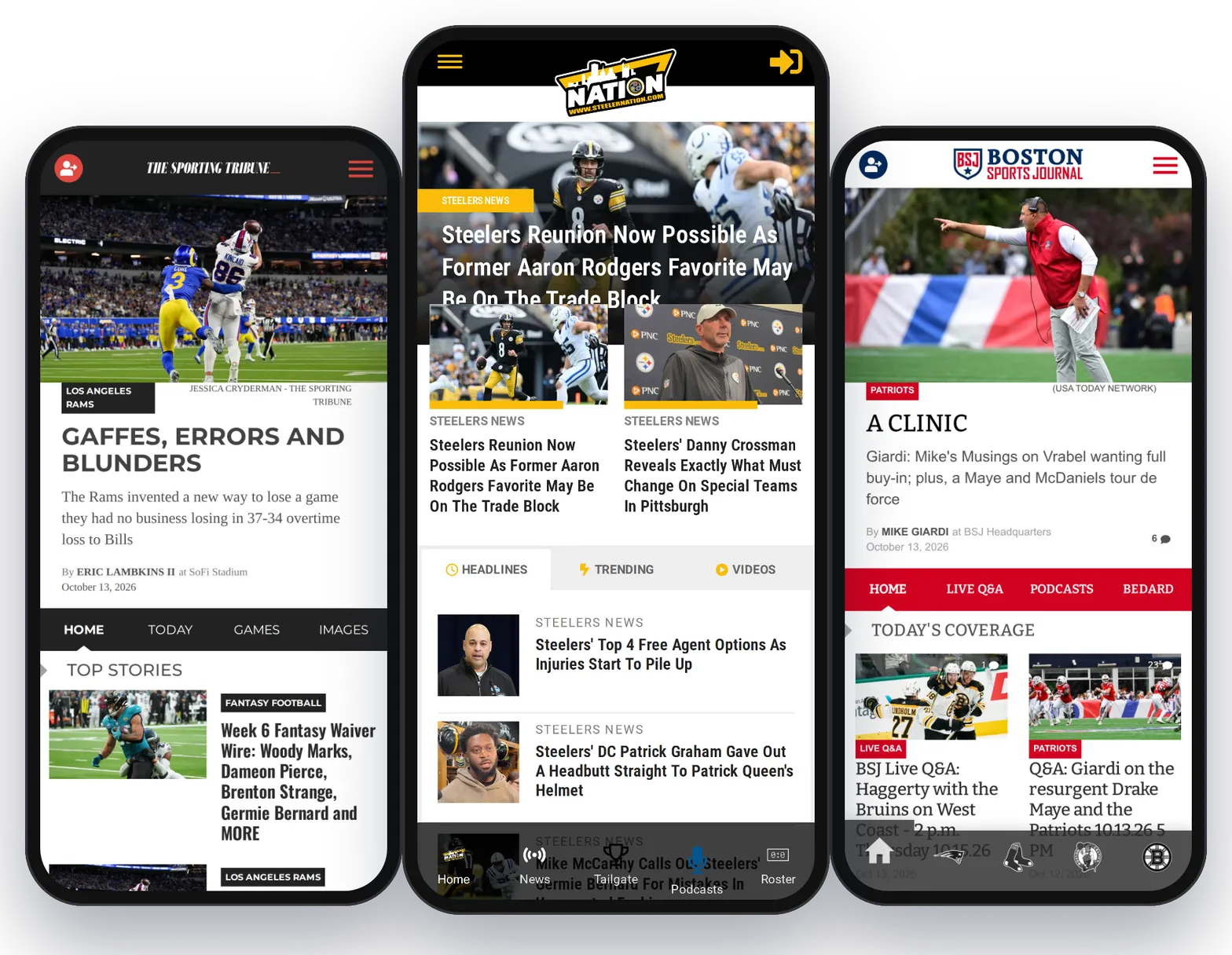 The Sporting Tribune, Steeler Nation and Boston Sports Journal running on BoomPress